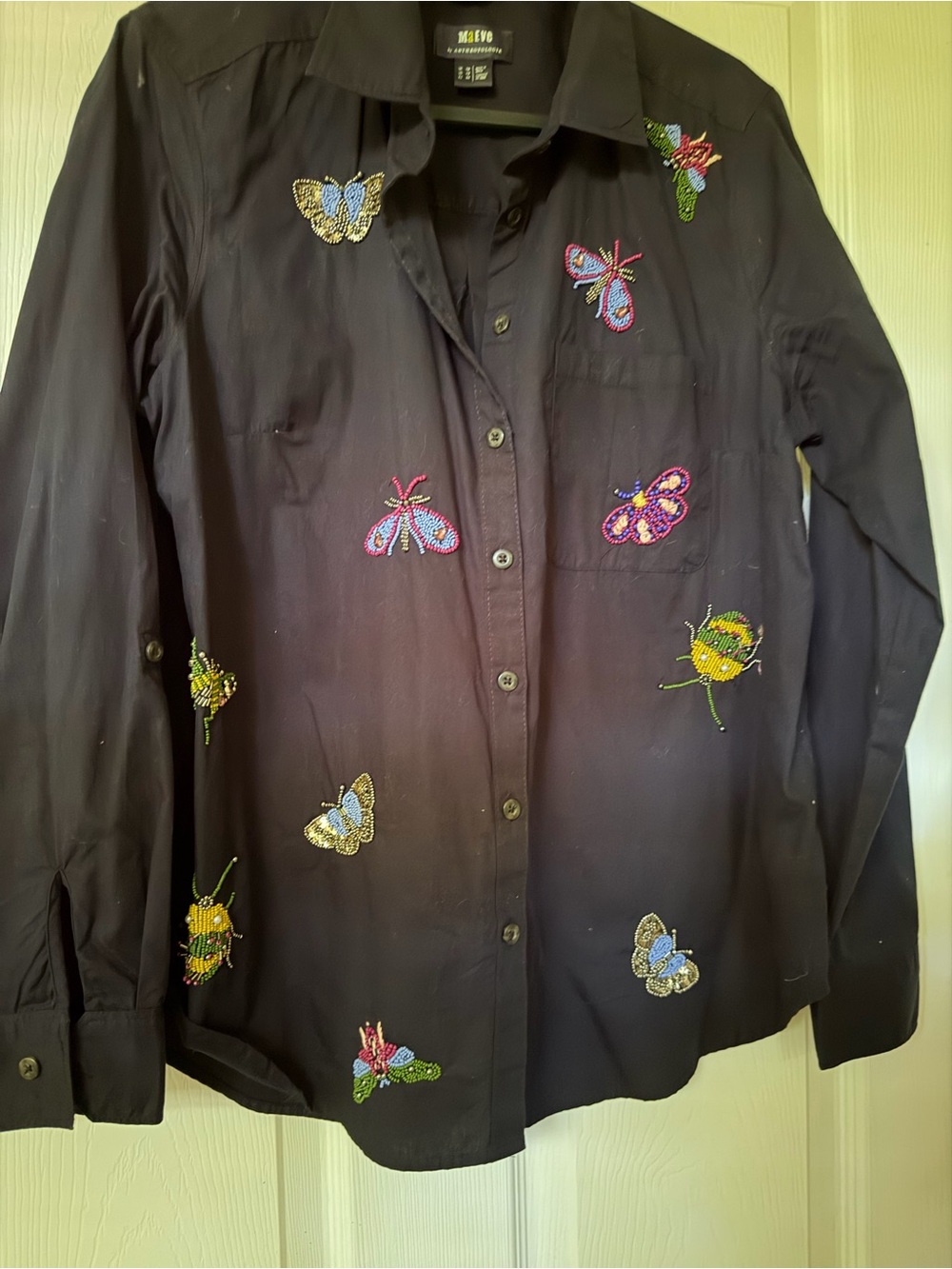Anthropologie Black Button-Down Shirt with Colorful Embroidered Insects